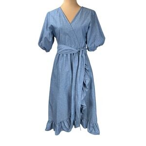HOLLOW BONE Blue‎ Denim Wrap Dress Ruffle Hem Midi Short Puff Sleeve Tie Waist